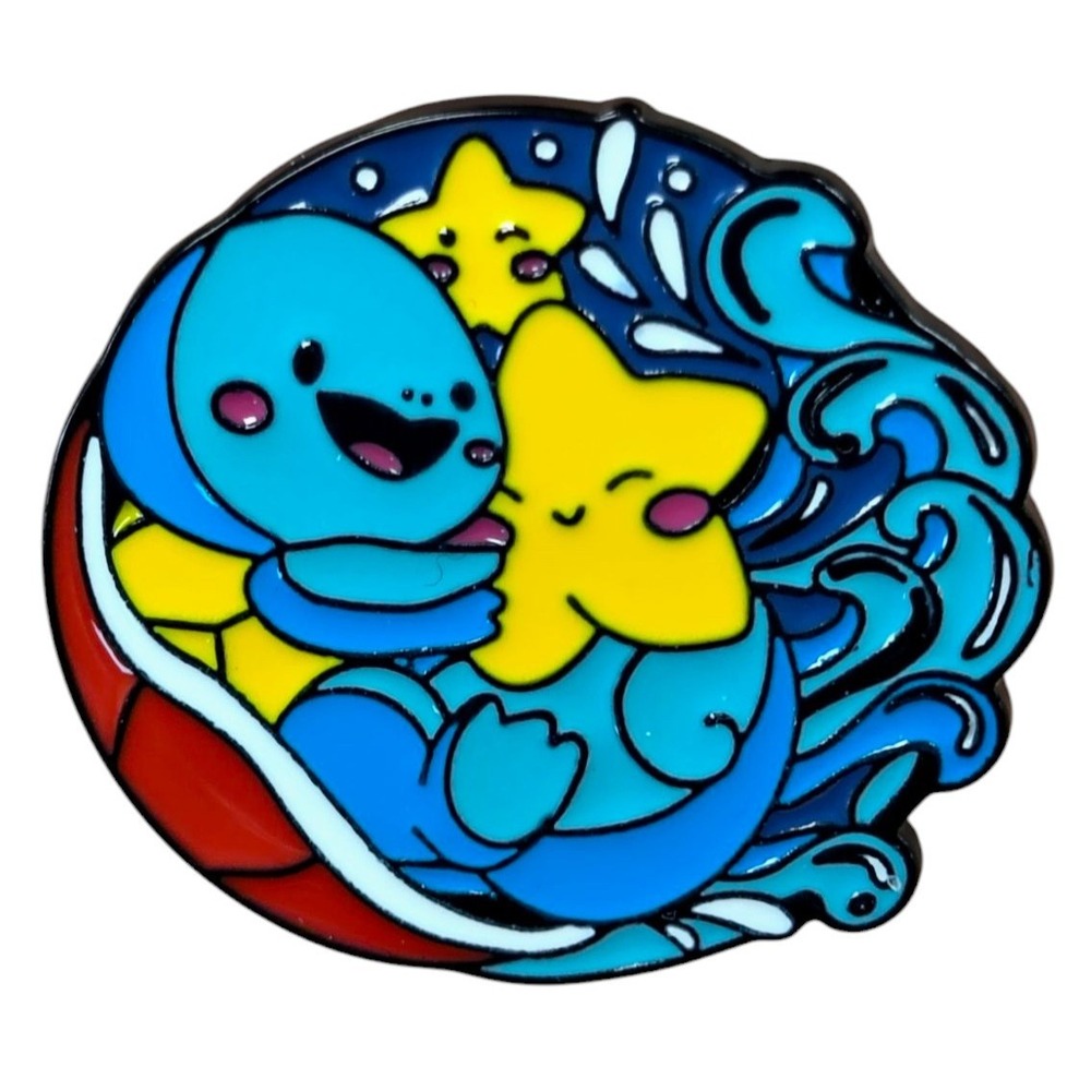 Nintendo Pokemon Cute Squirtle w/ Water And Star Round Enamel Pin